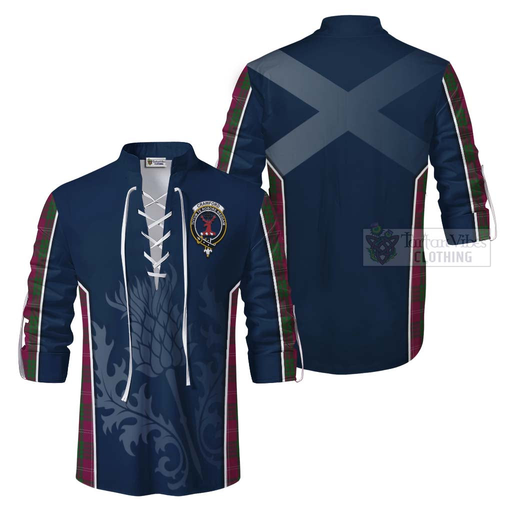 Tartan Vibes Clothing Crawford Tartan Ghillie Kilt Shirt with Family Crest and Scottish Thistle Vibes Sport Style