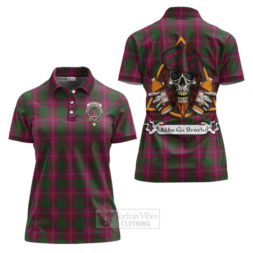 Tartan Vibes Clothing Crawford Tartan Women's Polo Shirt with Family Crest and Bearded Skull Holding Bottles of Whiskey