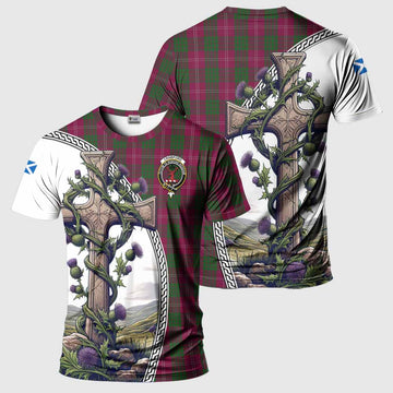 Crawford Tartan T-Shirt with Family Crest and St. Andrew's Cross Accented by Thistle Vines