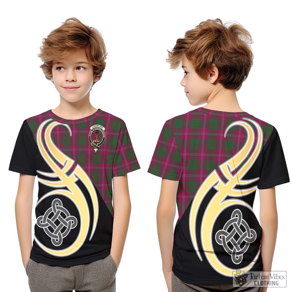 Tartan Vibes Clothing Crawford Tartan Kid T-Shirt with Family Crest and Celtic Symbol Style