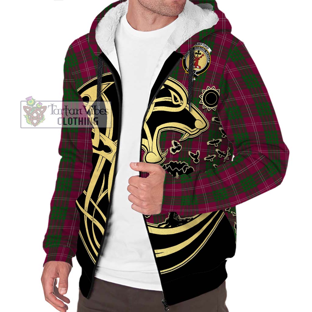 Tartan Vibes Clothing Crawford Tartan Sherpa Hoodie with Family Crest Celtic Wolf Style