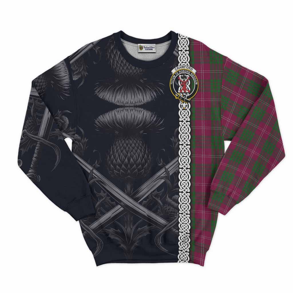 Tartan Vibes Clothing Crawford Tartan Sweatshirt with Family Crest Cross Sword Thistle Celtic Vibes