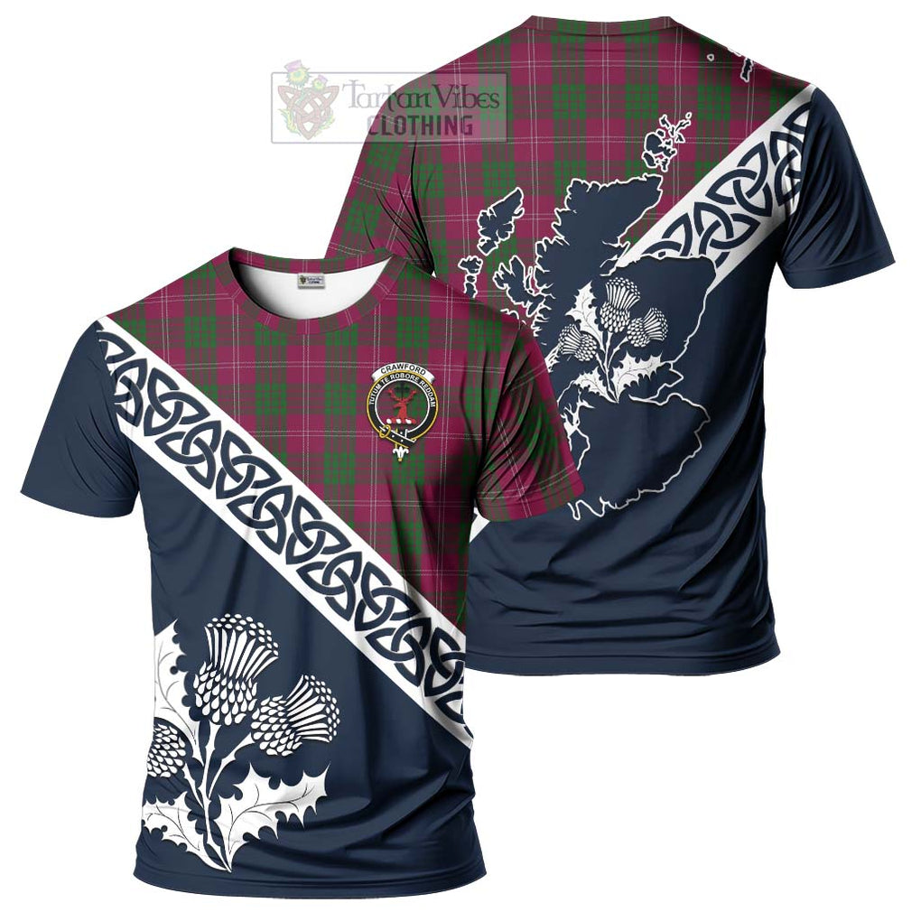 Crawford Tartan T-Shirt Featuring Thistle and Scotland Map