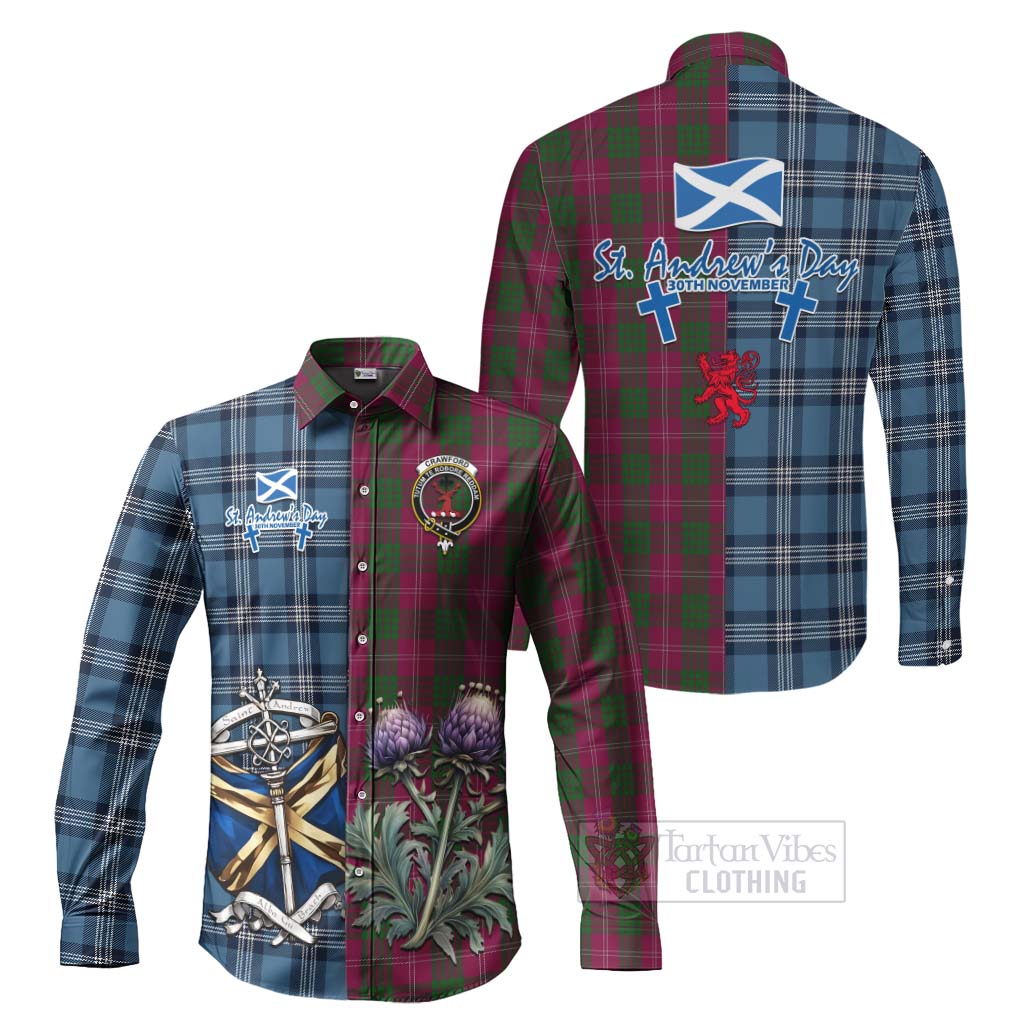 Tartan Vibes Clothing Crawford Tartan Long Sleeve Button Shirt Happy St. Andrew's Day Half Tartan Style