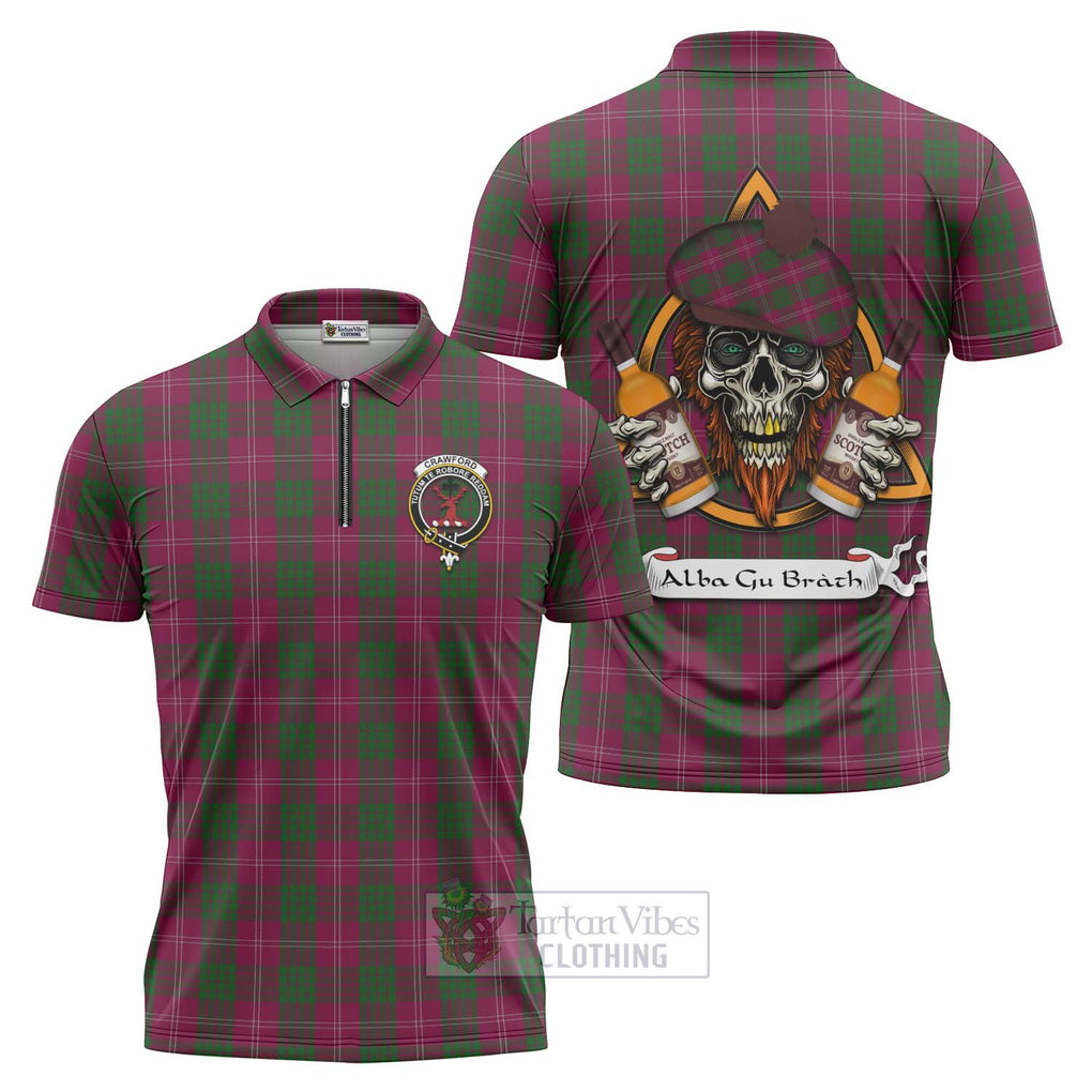 Tartan Vibes Clothing Crawford Tartan Zipper Polo Shirt with Family Crest and Bearded Skull Holding Bottles of Whiskey