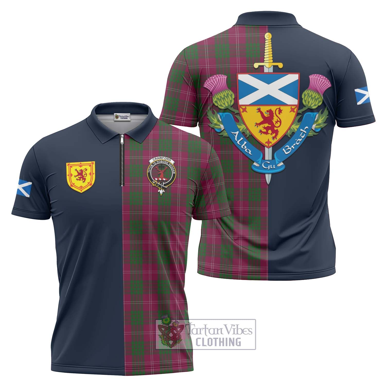 Tartan Vibes Clothing Crawford Tartan Zipper Polo Shirt with Scottish Lion Royal Arm Half Style