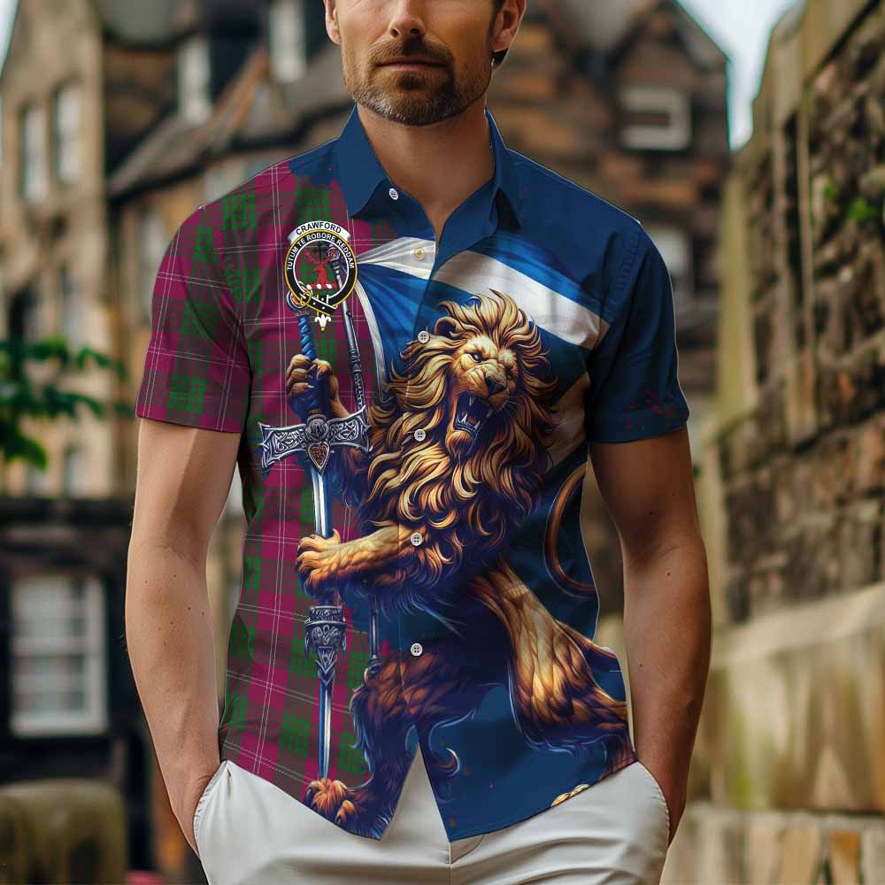 Tartan Vibes Clothing Crawford Tartan Family Crest Short Sleeve Button Shirt with Scottish Majestic Lion