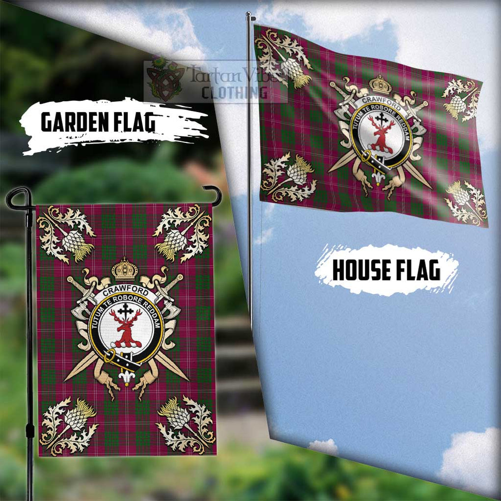 Tartan Vibes Clothing Crawford Tartan Flag with Family Crest and Golden Thistle Crossed Sword Design