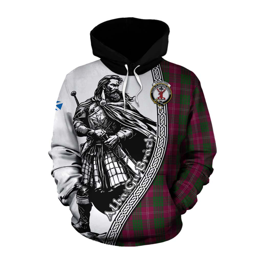 Tartan Vibes Clothing Crawford Tartan Clan Crest Cotton Hoodie with Highlander Warrior Celtic Style