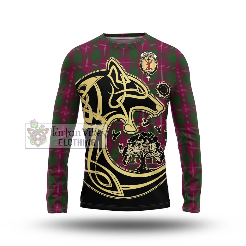 Tartan Vibes Clothing Crawford Tartan Long Sleeve T-Shirt with Family Crest Celtic Wolf Style