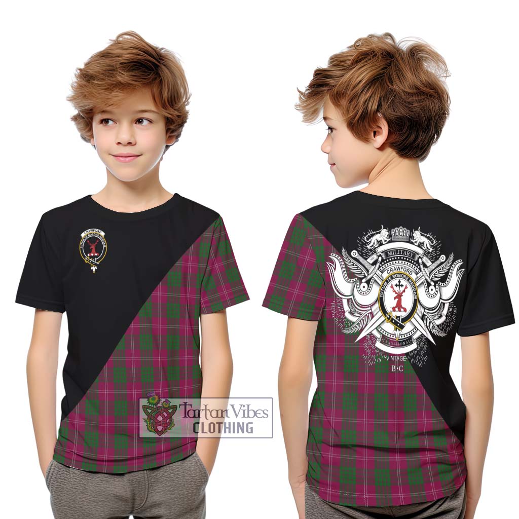 Tartan Vibes Clothing Crawford Tartan Kid T-Shirt with Family Crest and Military Logo Style