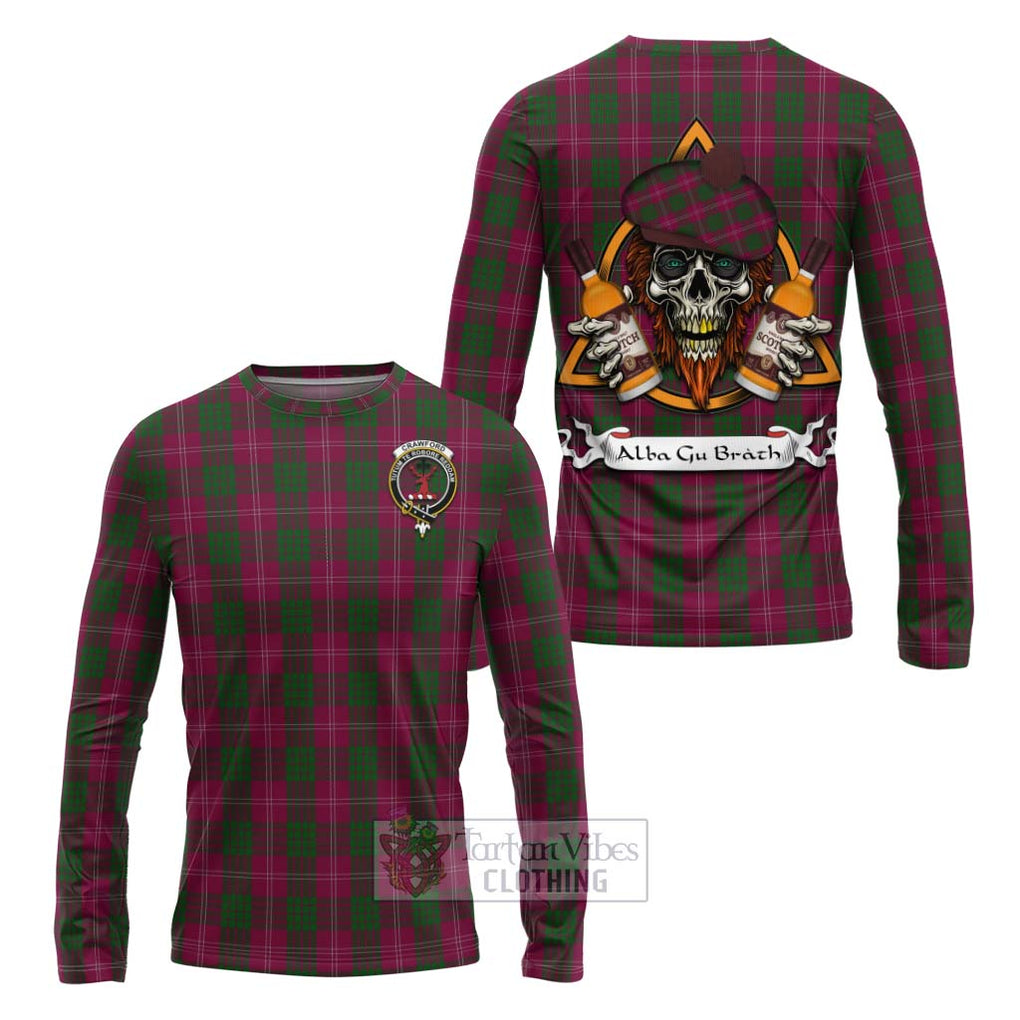 Tartan Vibes Clothing Crawford Tartan Long Sleeve T-Shirt with Family Crest and Bearded Skull Holding Bottles of Whiskey