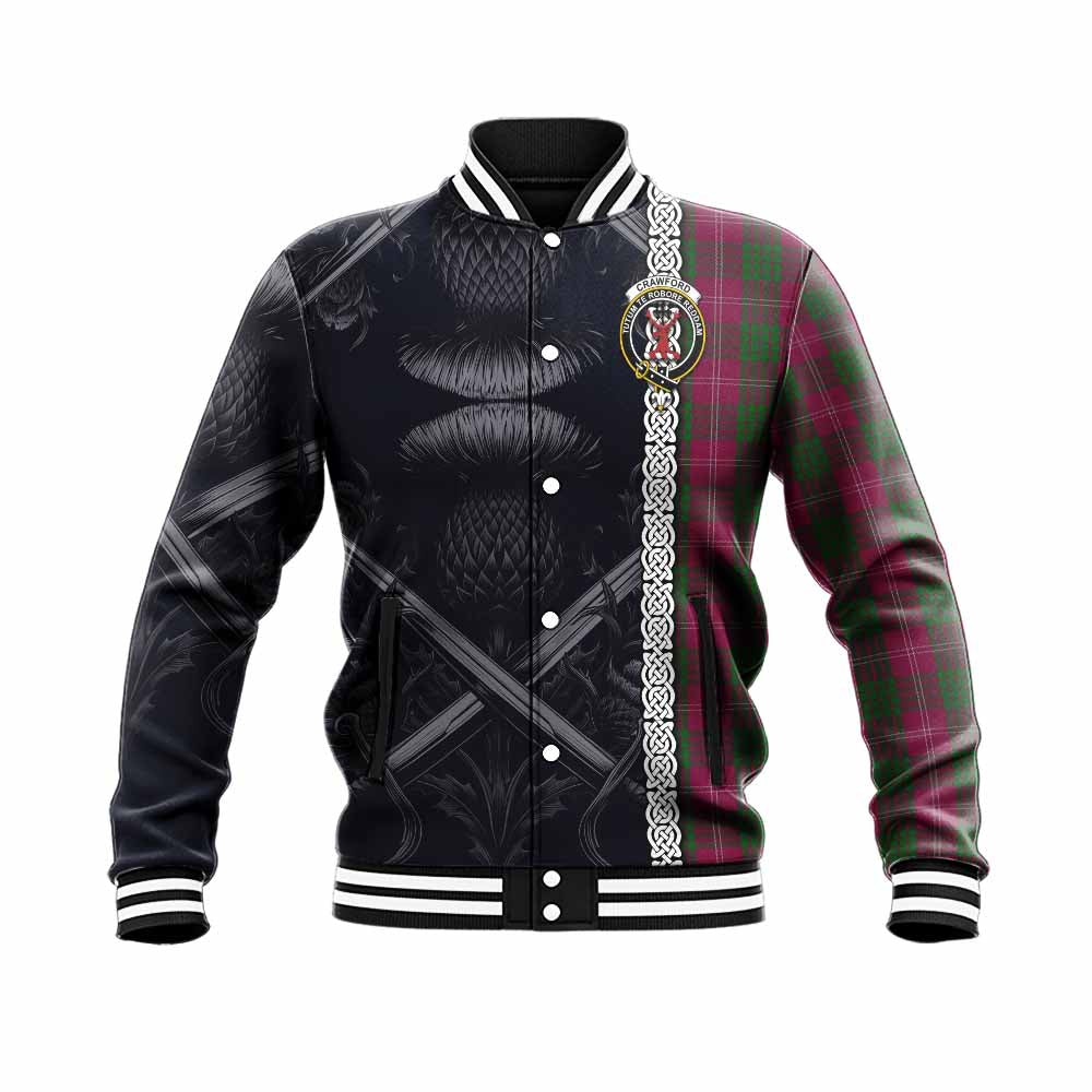 Crawford Tartan Baseball Jacket with Family Crest Cross Sword Thistle Celtic Vibes Unisex - Tartan Vibes Clothing