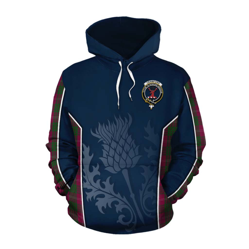 Tartan Vibes Clothing Crawford Tartan Cotton Hoodie with Family Crest and Scottish Thistle Vibes Sport Style