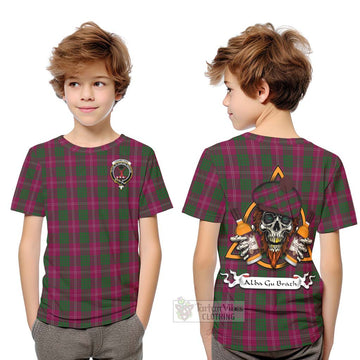 Crawford Tartan Kid T-Shirt with Family Crest and Bearded Skull Holding Bottles of Whiskey