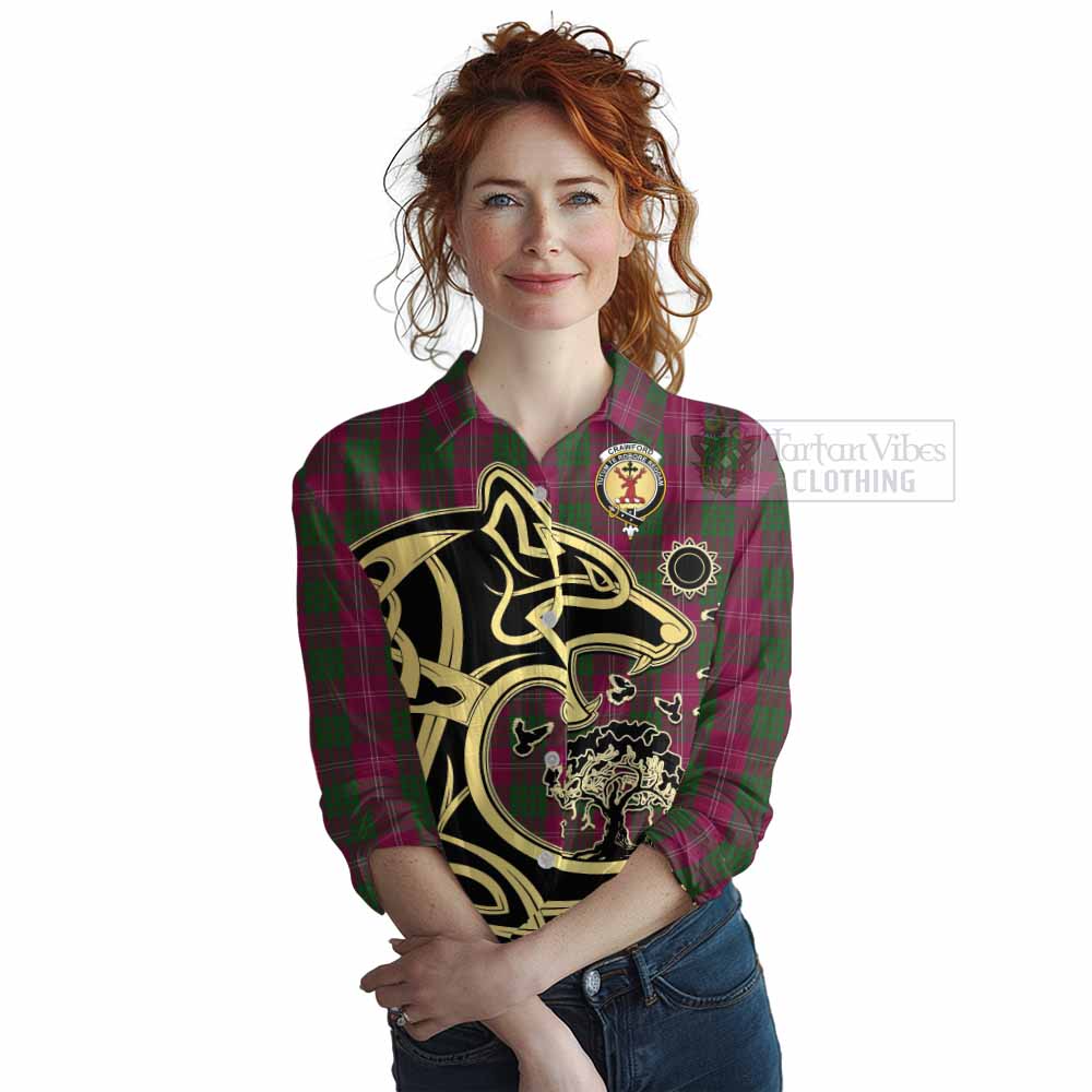 Tartan Vibes Clothing Crawford Tartan Women's Casual Shirt with Family Crest Celtic Wolf Style