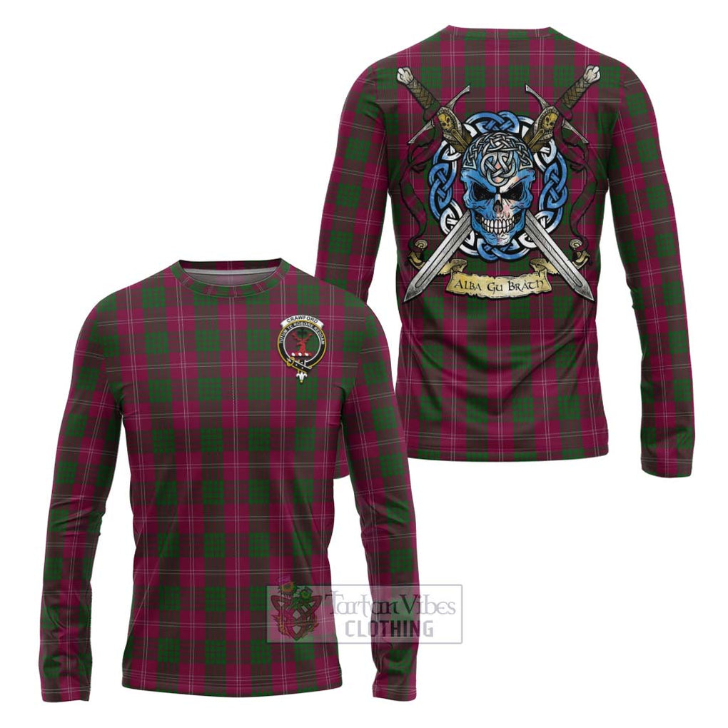 Tartan Vibes Clothing Crawford Tartan Long Sleeve T-Shirt with Family Crest Celtic Skull Style