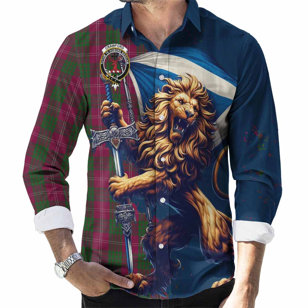 Tartan Vibes Clothing Crawford Tartan Family Crest Long Sleeve Button Shirt with Scottish Majestic Lion