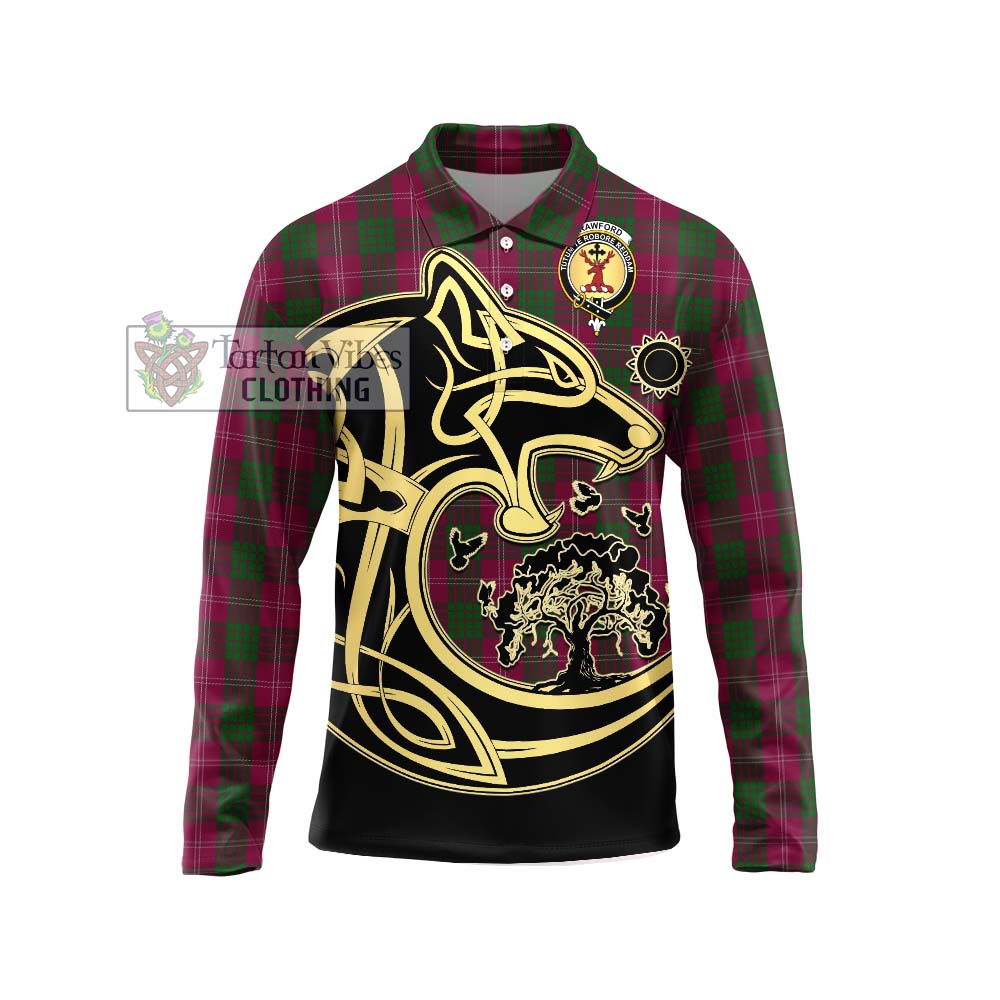 Tartan Vibes Clothing Crawford Tartan Long Sleeve Polo Shirt with Family Crest Celtic Wolf Style