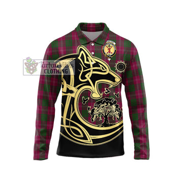 Crawford Tartan Long Sleeve Polo Shirt with Family Crest Celtic Wolf Style