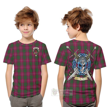 Crawford Tartan Kid T-Shirt with Family Crest Celtic Skull Style