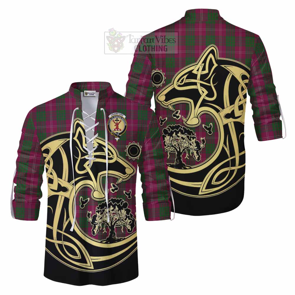 Tartan Vibes Clothing Crawford Tartan Ghillie Kilt Shirt with Family Crest Celtic Wolf Style