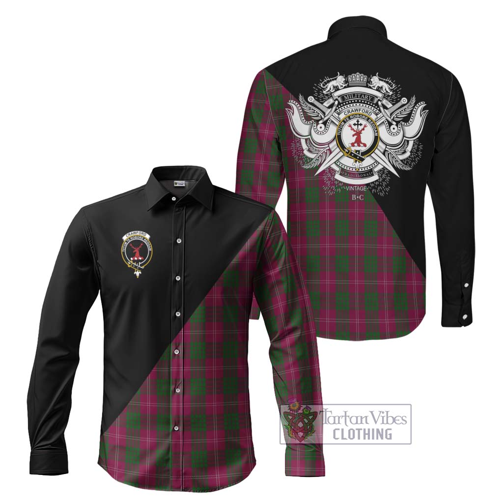 Tartan Vibes Clothing Crawford Tartan Long Sleeve Button Shirt with Family Crest and Military Logo Style