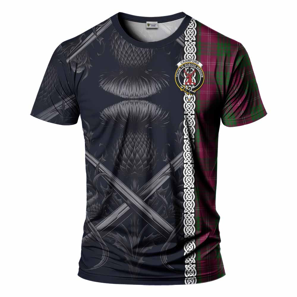 Tartan Vibes Clothing Crawford Tartan T-Shirt with Family Crest Cross Sword Thistle Celtic Vibes