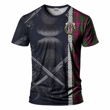 Crawford Tartan T-Shirt with Family Crest Cross Sword Thistle Celtic Vibes