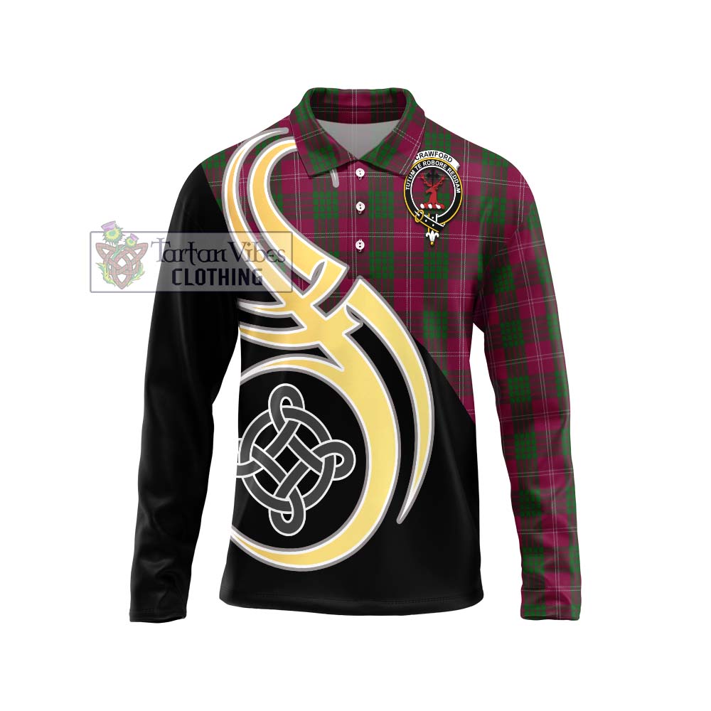 Tartan Vibes Clothing Crawford Tartan Long Sleeve Polo Shirt with Family Crest and Celtic Symbol Style