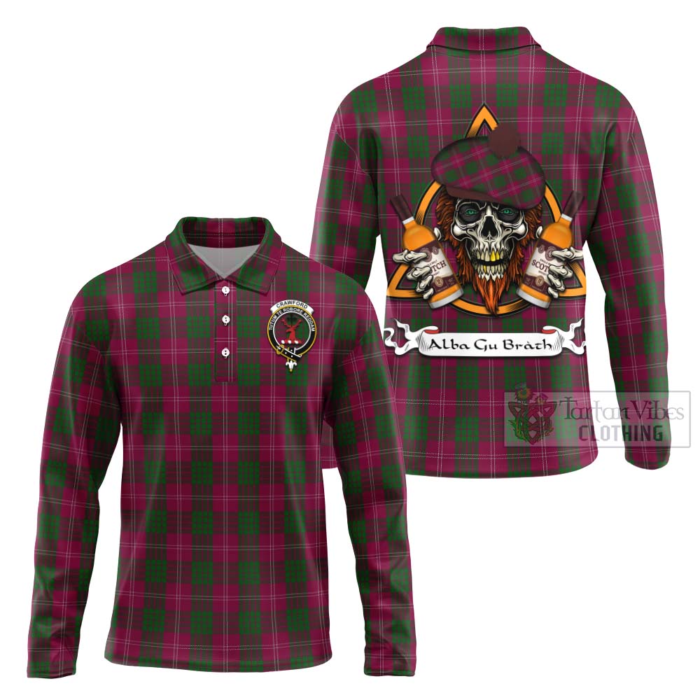 Tartan Vibes Clothing Crawford Tartan Long Sleeve Polo Shirt with Family Crest and Bearded Skull Holding Bottles of Whiskey