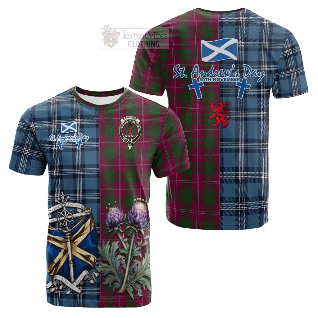 Tartan Vibes Clothing Crawford Tartan Cotton T-shirt Happy St. Andrew's Day Half Tartan Style