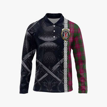 Crawford Tartan Long Sleeve Polo Shirt with Family Crest Cross Sword Thistle Celtic Vibes