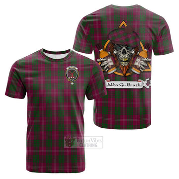 Crawford Tartan Cotton T-shirt with Family Crest and Bearded Skull Holding Bottles of Whiskey