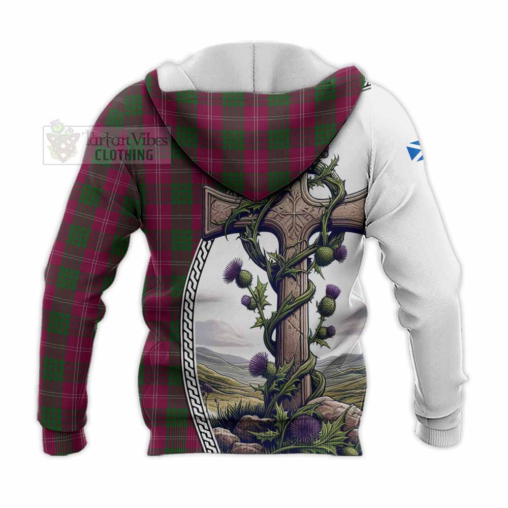 Tartan Vibes Clothing Crawford Tartan Knitted Hoodie with Family Crest and St. Andrew's Cross Accented by Thistle Vines