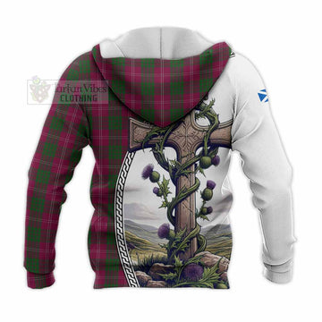 Crawford Tartan Knitted Hoodie with Family Crest and St. Andrew's Cross Accented by Thistle Vines