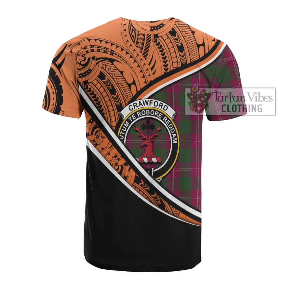 Tartan Vibes Clothing Crawford Crest Tartan Cotton T-shirt with Maori Tattoo Style - Orange Version