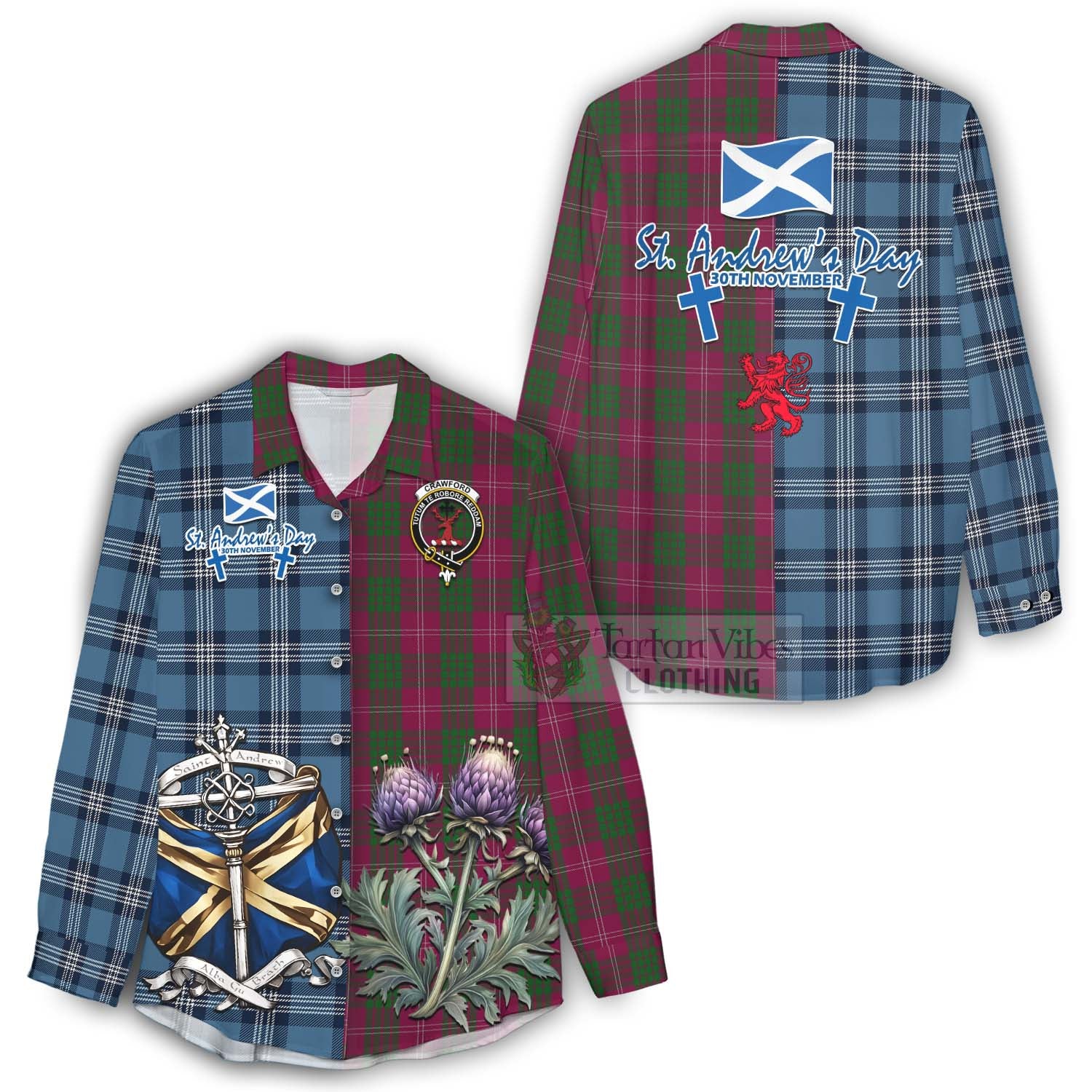 Tartan Vibes Clothing Crawford Tartan Women's Casual Shirt Happy St. Andrew's Day Half Tartan Style