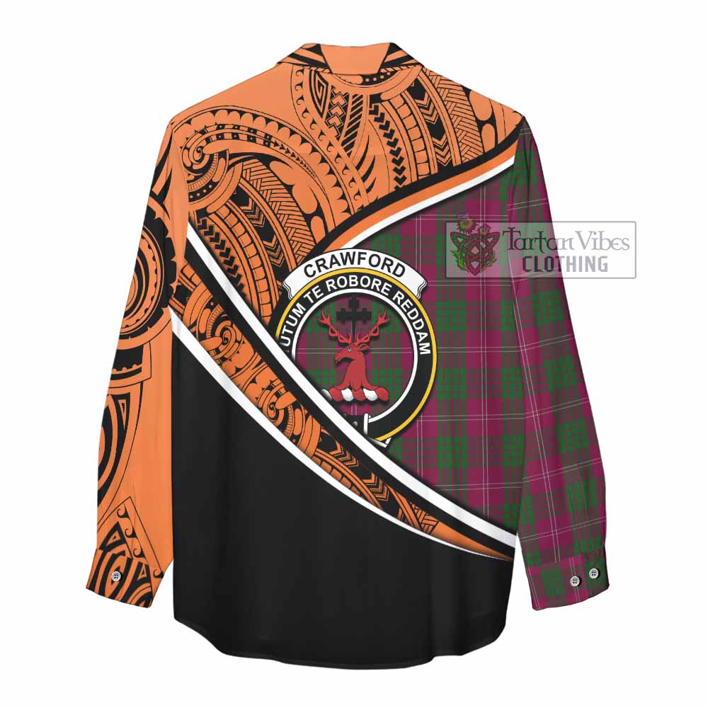 Tartan Vibes Clothing Crawford Crest Tartan Women's Casual Shirt with Maori Tattoo Style - Orange Version