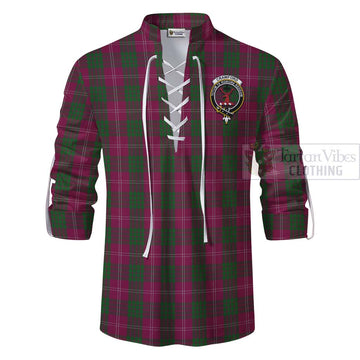 Crawford Tartan Ghillie Kilt Shirt with Family Crest and Bearded Skull Holding Bottles of Whiskey