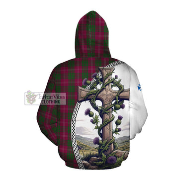 Crawford Tartan Cotton Hoodie with Family Crest and St. Andrew's Cross Accented by Thistle Vines Pullover Hoodie - Tartan Vibes Clothing