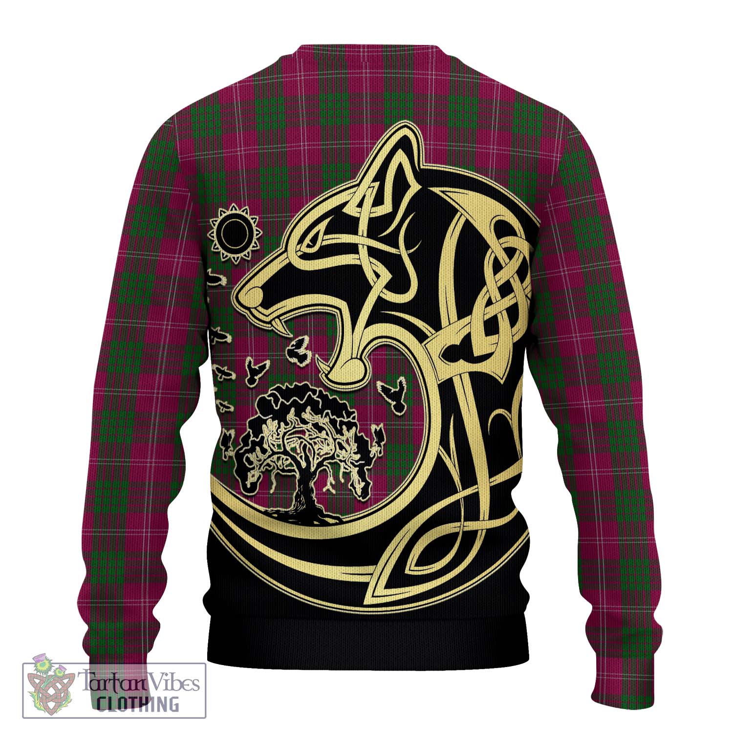 Tartan Vibes Clothing Crawford Tartan Knitted Sweater with Family Crest Celtic Wolf Style