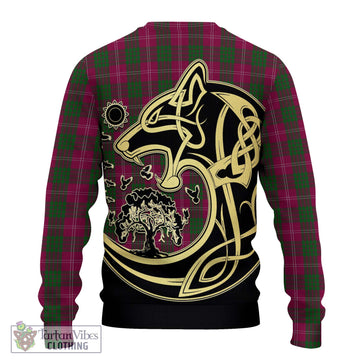 Crawford Tartan Knitted Sweater with Family Crest Celtic Wolf Style