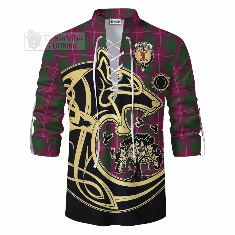 Tartan Vibes Clothing Crawford Tartan Ghillie Kilt Shirt with Family Crest Celtic Wolf Style