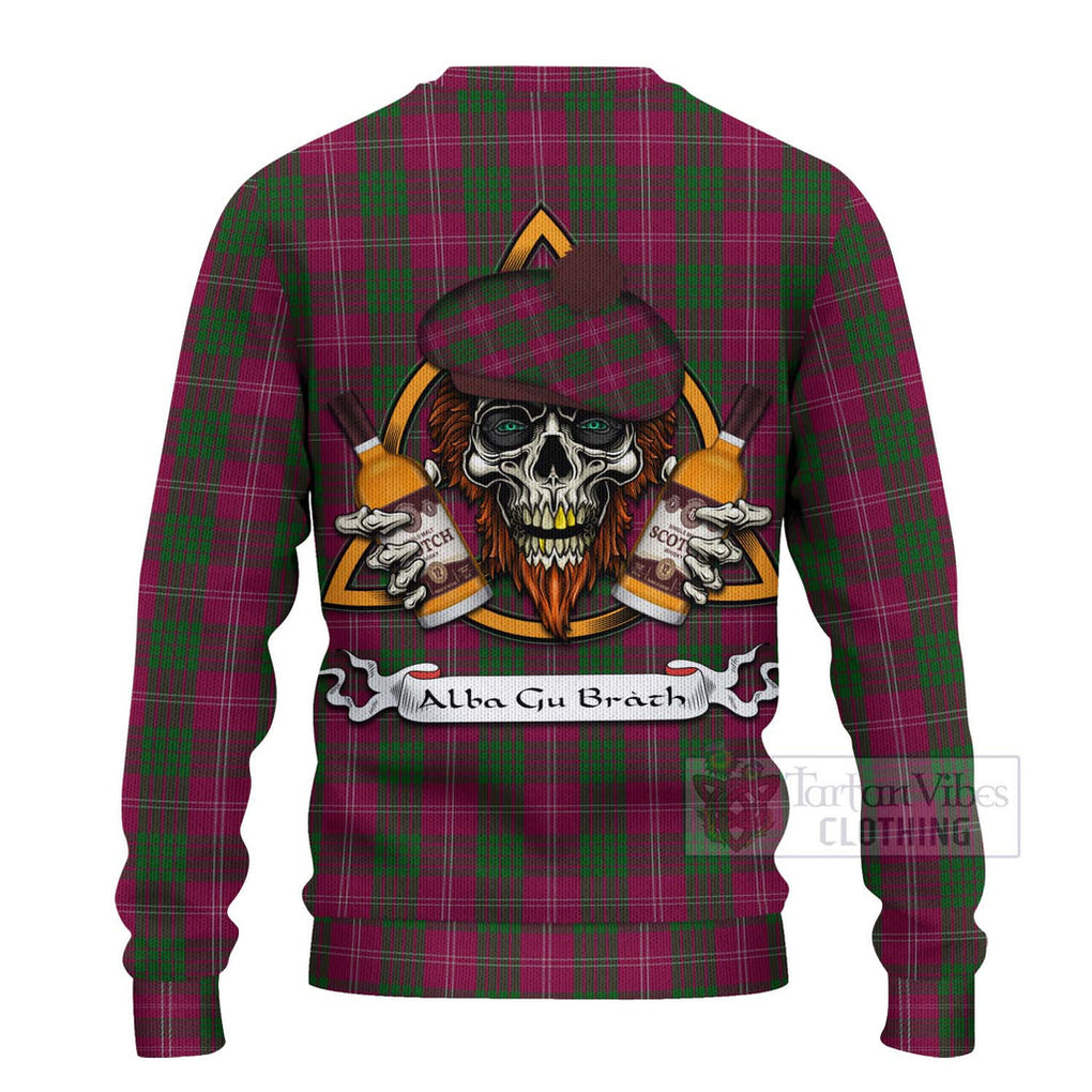 Tartan Vibes Clothing Crawford Tartan Knitted Sweater with Family Crest and Bearded Skull Holding Bottles of Whiskey