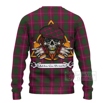 Crawford Tartan Ugly Sweater with Family Crest and Bearded Skull Holding Bottles of Whiskey