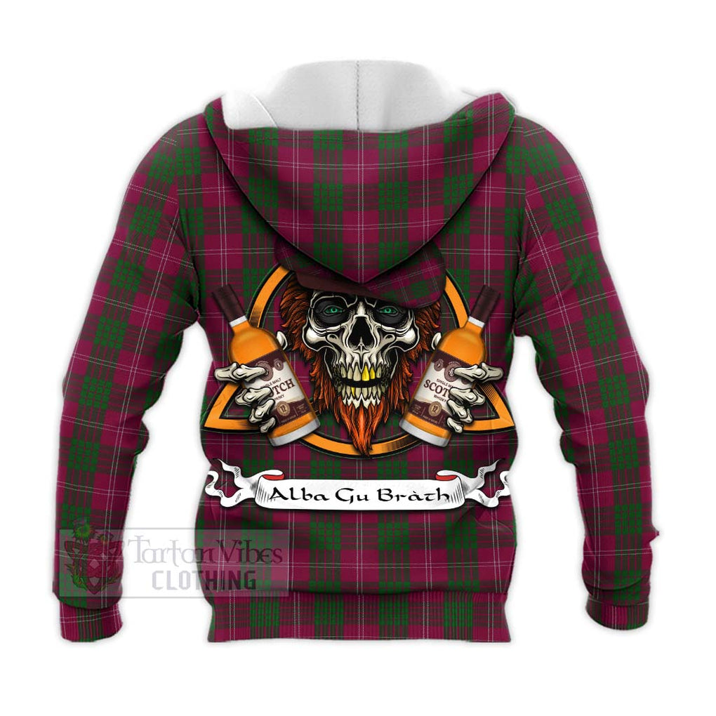 Tartan Vibes Clothing Crawford Tartan Knitted Hoodie with Family Crest and Bearded Skull Holding Bottles of Whiskey