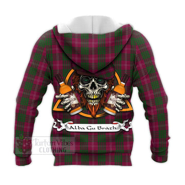 Crawford Tartan Knitted Hoodie with Family Crest and Bearded Skull Holding Bottles of Whiskey