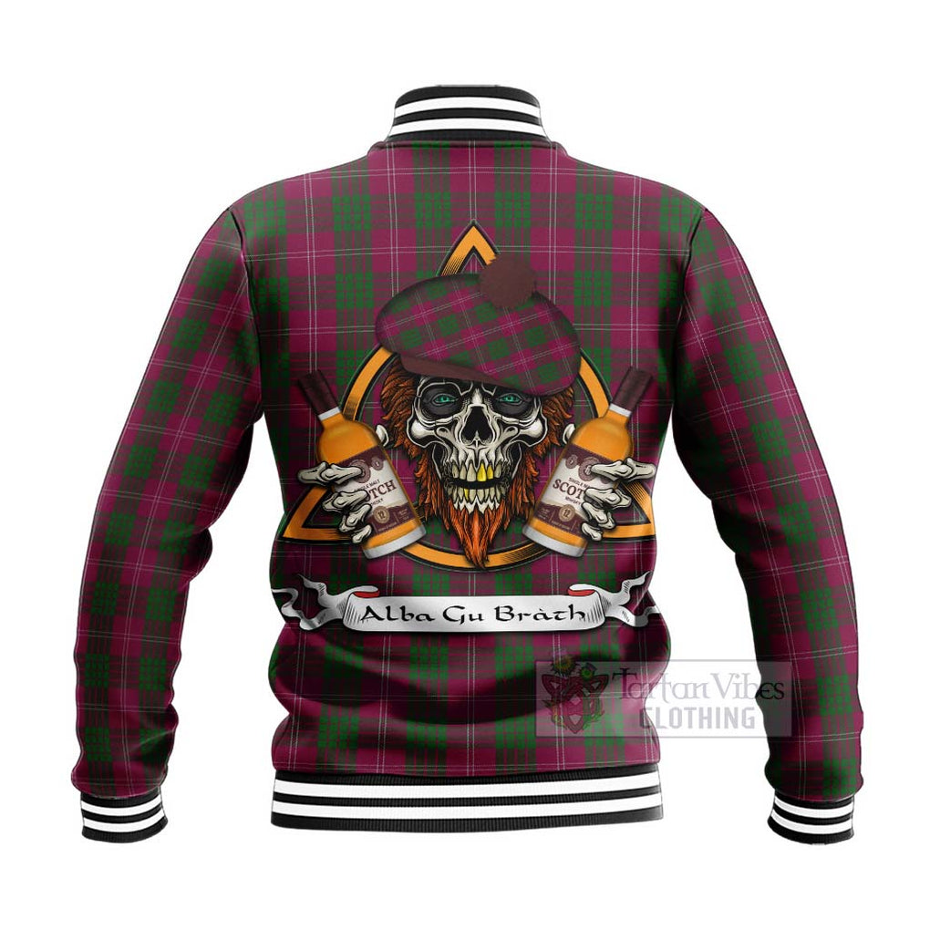 Tartan Vibes Clothing Crawford Tartan Baseball Jacket with Family Crest and Bearded Skull Holding Bottles of Whiskey