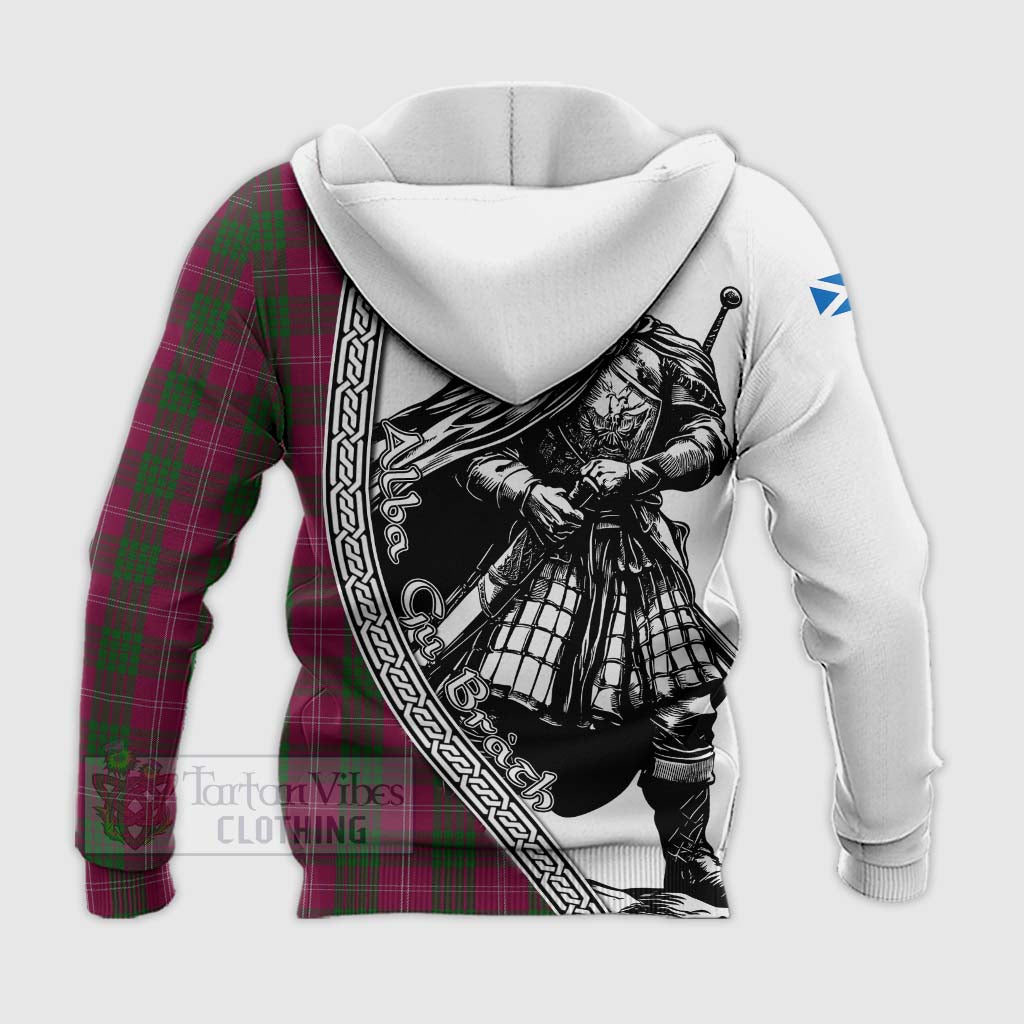 Tartan Vibes Clothing Crawford Tartan Clan Crest Knitted Hoodie with Highlander Warrior Celtic Style